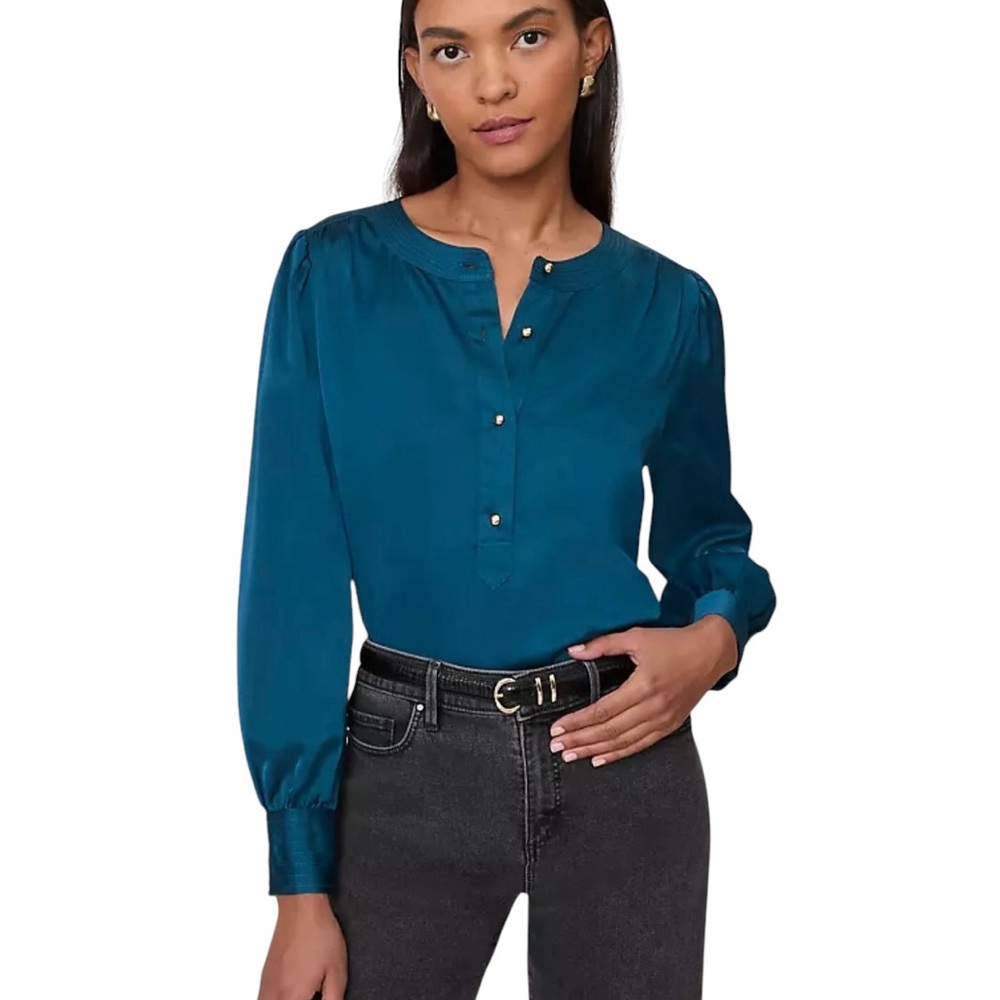 Ann Taylor Teal Satin Split-Neck Blouse with Gold  Buttons